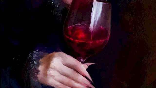 A pair of hands with long nails delicately holds a wine glass filled with red liquid against a dark background, evoking a mysterious atmosphere.