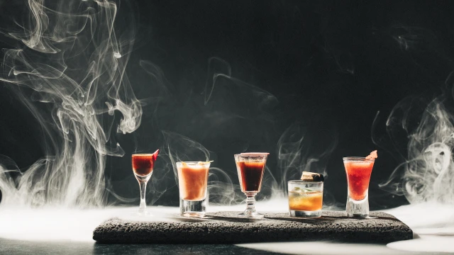 A selection of five cocktails in diverse glassware is artfully arranged on a smoky background, creating a mysterious and elegant scene.
