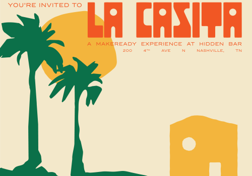 Invitation to La Casita at Hidden Bar, Nashville, with tropical theme.